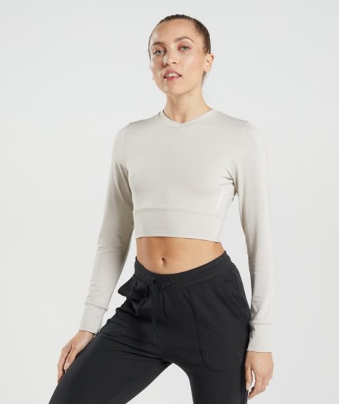 Women's Gymshark Pause Open Back Long Sleeve Cropped Tops Light Grey | CA 7685ND